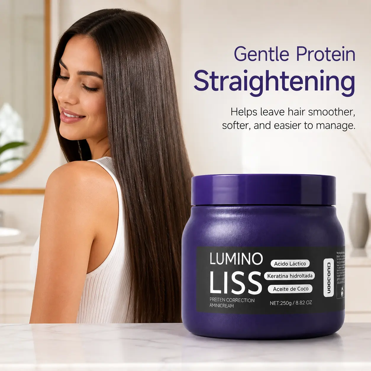 Frizz Control Straightening Cream - Alcohol-Free Dry Hair Treatment with Hydrolyzed Keratin, Coconut Oil for Smooth, Soft, Shiny Hair, 250g