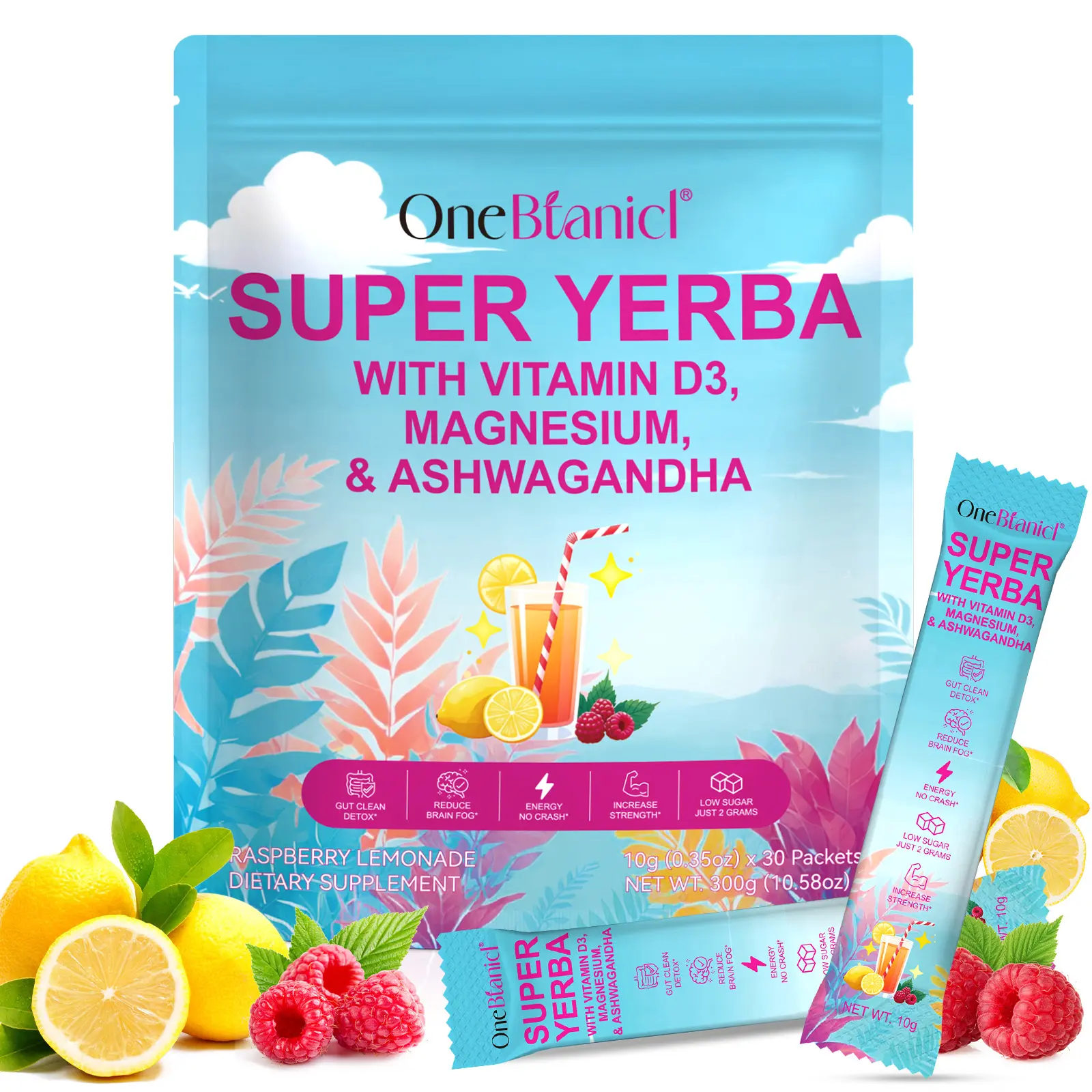 10-in-1 Organic Vegan Adaptogenic Super Yerba Dietary Supplement - Raspberry Lemonade Flavor, Vitamin D3, Magnesium, Ashwagandha Calm, Youth Support, Prop 65 Safe, Energy Boost & Focus Aid for Fitness