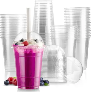 Fit Meal Prep 16/20/24 oz Clear Plastic Cups with Dome Lids (50/100 Sets) - Disposable PET Cups for Smoothies, Boba, Frappes & Cold Drinks