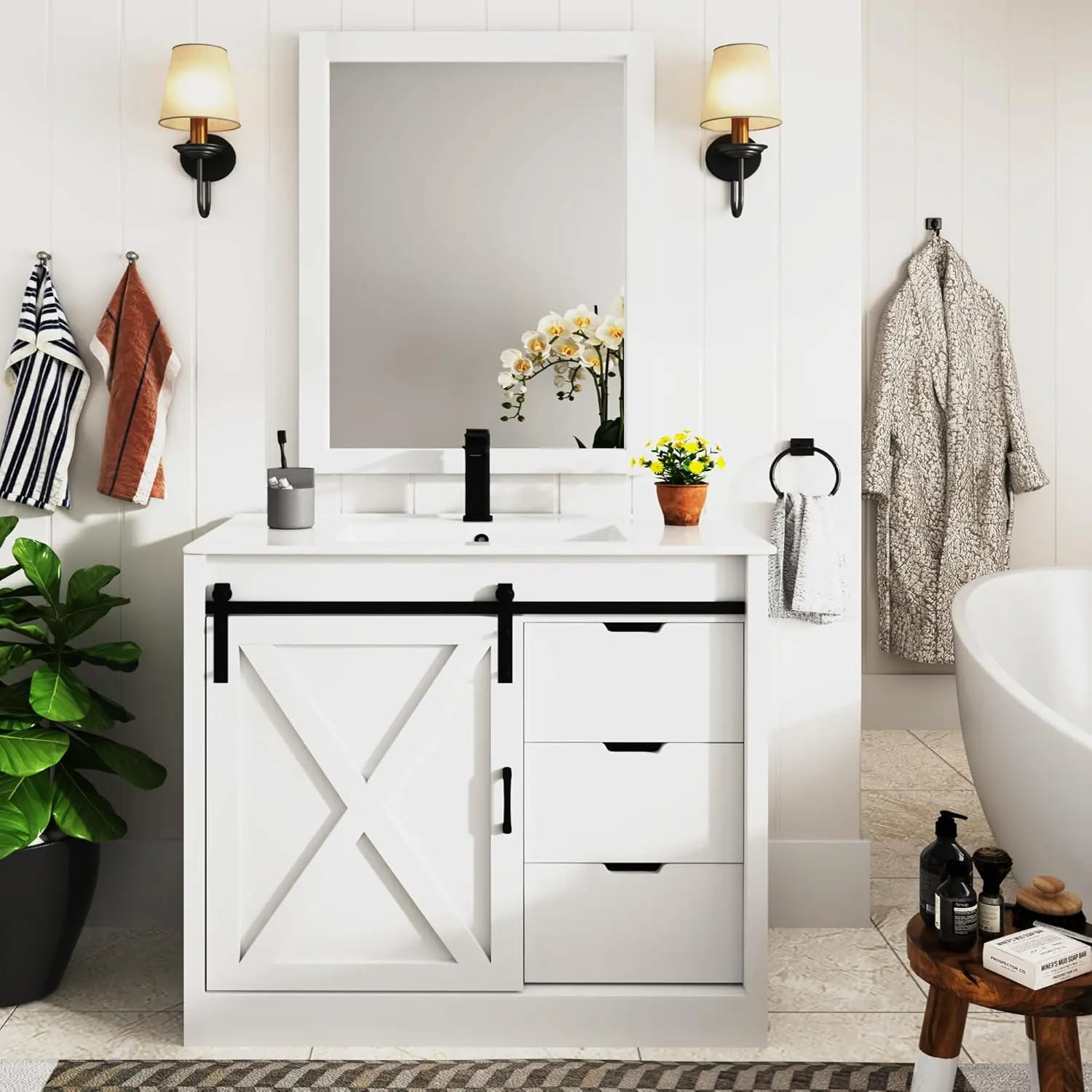 【2Packages Shipping】47.2 Inch/36 Inch/24 Inch Bathroom Vanity with Sink & Faucet & Mirror, Farmhouse Bathroom Vanity Cabinet Set with Sliding Barn Door & Drawers, Small Single Bath Storage Vanity Sink, Brown,White,Grey