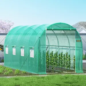 VEVOR Walk-in Tunnel Greenhouse, 15 x 7 x 7 ft Portable Plant Hot House with Galvanized Steel Hoops, 1 Top Beam, Diagonal Poles, Zippered Door & 8 Roll-up Windows, Green