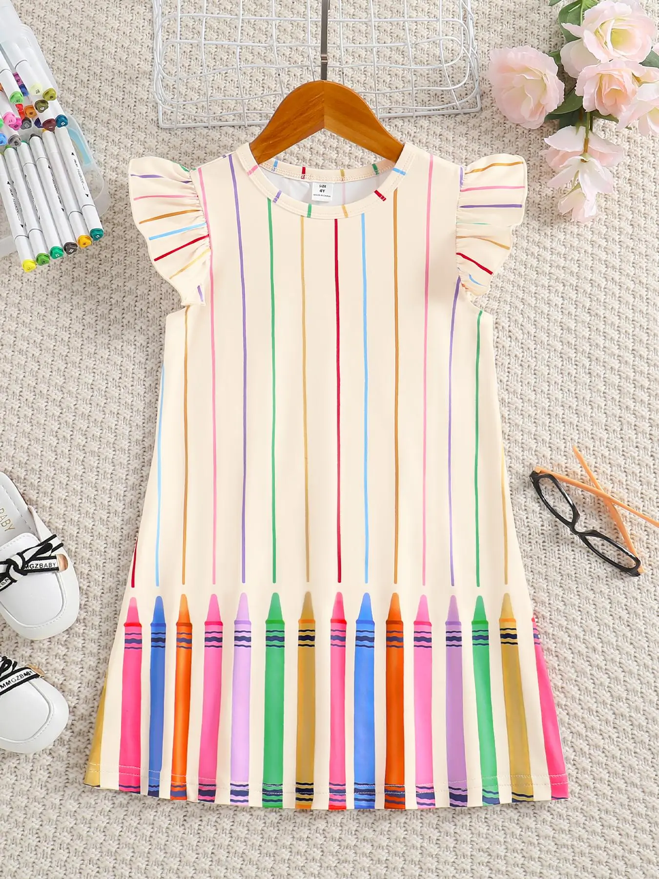 Toddler Girl's Colorful Crayon Striped Print Ruffle Trim A-Line Dress, Cute Flutter Sleeve Dress for Daily Outdoor Wear, Toddler Summer Dresses, Striped Pattern Dress, Kids Summer Clothing