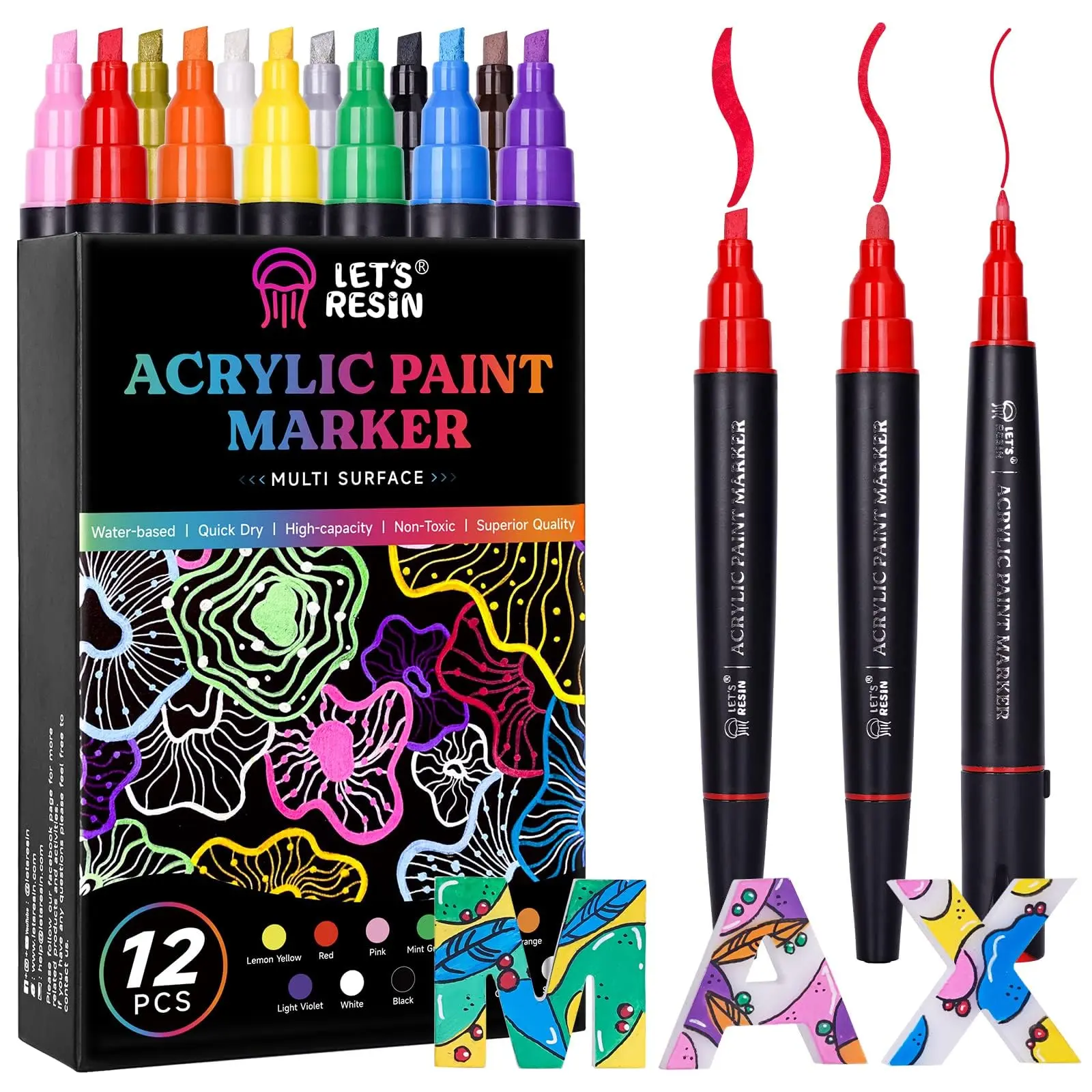 LET'S RESIN 12-Color Acrylic Paint Markers, 3-Tip High-Capacity Paint Pens, Back to School Art Supplies, Student & Teacher Classroom Essentials, Opaque Quick-Dry Waterproof Markers for Resin Crafts, Wood, Canvas, Rocks, Glass & DIY Projects