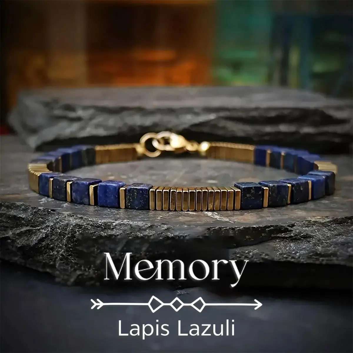 Petralune Geometric Square Lapis Lazuli Beaded Bracelet - Handmade 21cm Natural Stone Beading Jewelry, Minimalist Daily Wear Gift, Square Cut, Unisex, Handmade Craft, 8.26 Inches, Beads, Elegant, Enhanced Memory