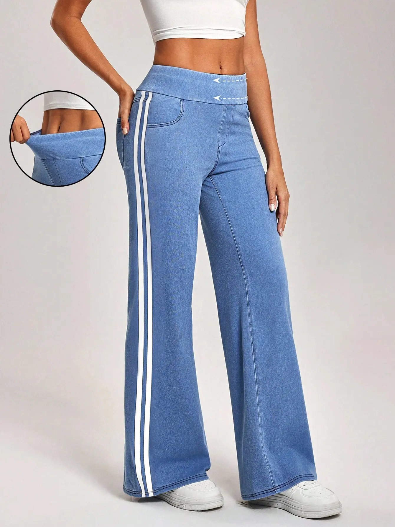 Fisoew Women’s Stretchy Wide Leg Jeans with Elastic Waistband, Side Stripe & Pockets – Casual Sporty Denim Pants