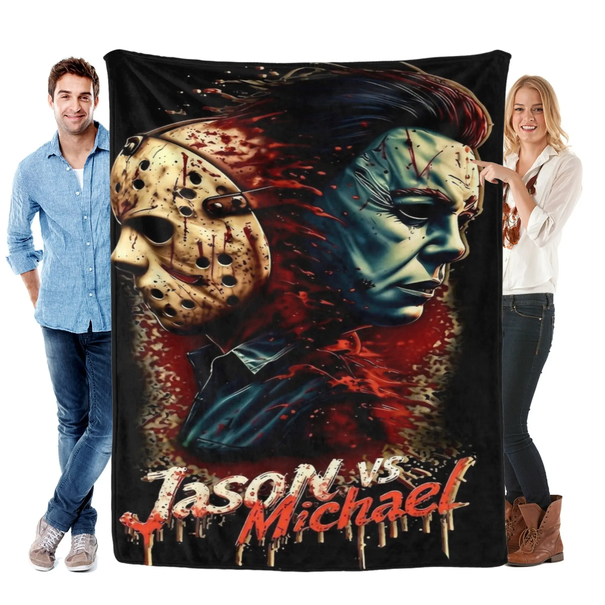 Black-Background Blood-Drip Jason VS Michael Myers Decorative Flannel Throw Blanket, Skin-Friendly Breathable Flannel Fabric, Horror-Themed Gaming Room Wall Decor, Surprise Birthday Gift For Horror-Lovers