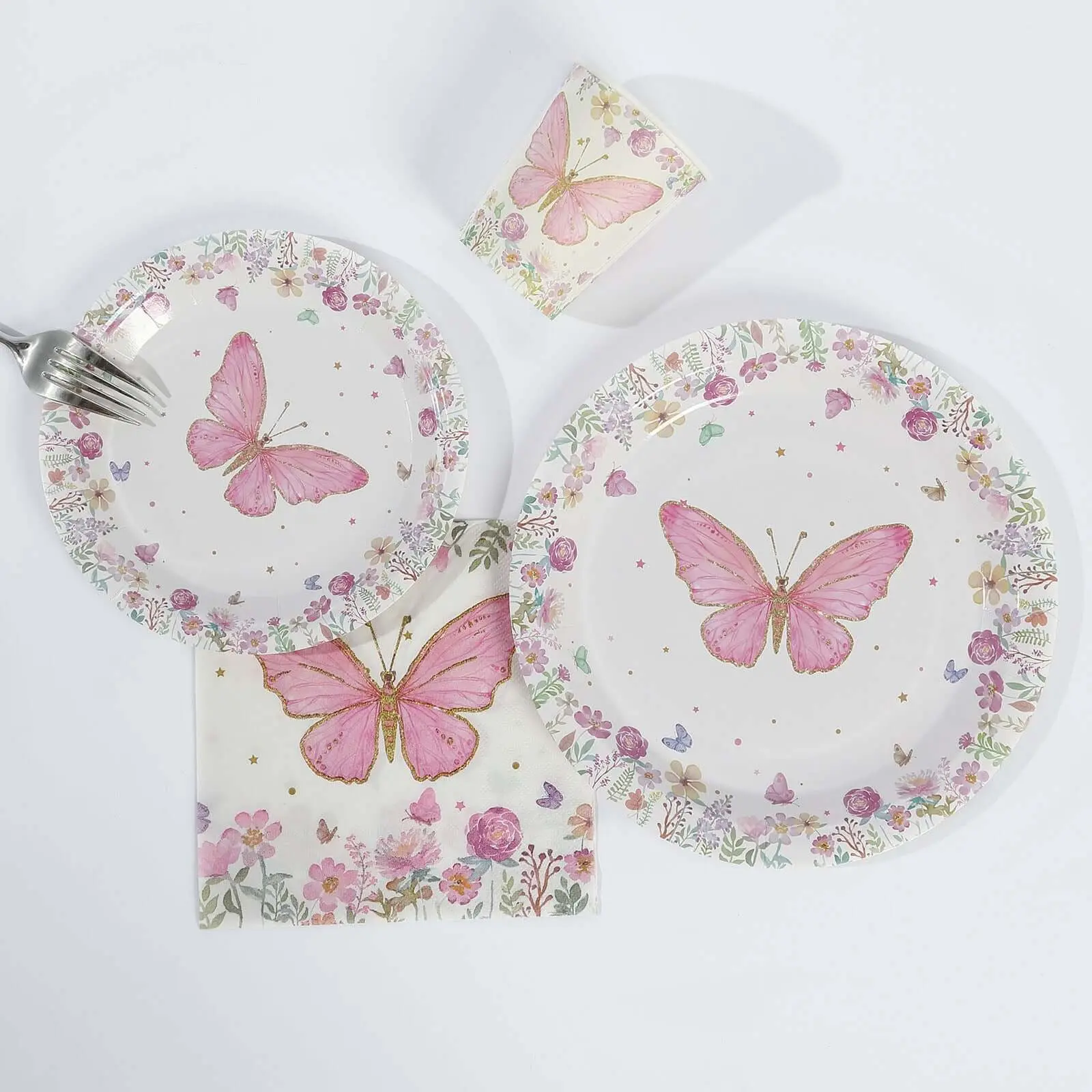96 Pcs Paper Dinnerware Set White/Pink with Butterfly Print - Disposable Plates, Cups, and Napkins for Parties