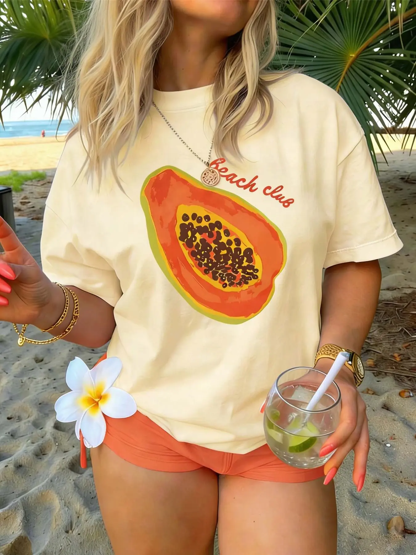 Women's Round Neck Short Sleeve T-Shirt, Papaya Print, Casual Loose Fit, Soft Breathable Fabric, Perfect Summer Everyday Fashion Top