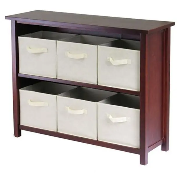 212 MAIN 2-Section Solid Wood Wooden Storage Cabinet, 6 Foldable Bins (6 Baskets), Walnut and Beige Finish, Assembly Required Office/Commercial Furniture