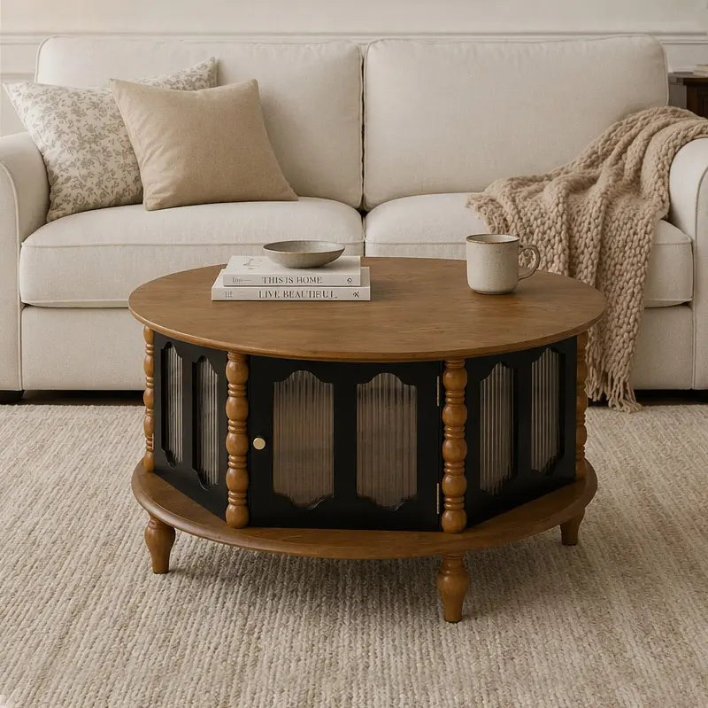 31.5" Round Glass Coffee Table with Hidden Storage Cabinet Vintage Wooden Center Table featuring Reeded Glass Doors Turned Wood Details Aesthetic Accent Table for Living Room Apartment