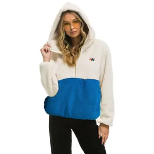 TEDDY UNISEX HOODED HALF ZIP COLOR BLOCK JACKET - VINTAGE WHITE