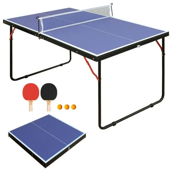 Foldable & Portable Mini Ping Pong Table Set, 4.5ft Table Tennis Set with Net, 2 Paddles & 3 Balls, Lightweight Indoor & Outdoor Game Table for Kids Practice, Family Entertainment, Home Sports Equipment campingessentials