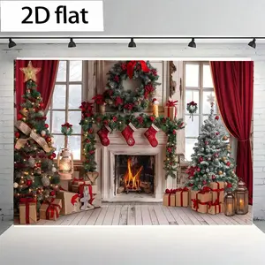 1pc cozy festive Christmas fireplace decoration scene, white wooden fireplace with garland and gifts, red ornaments and stockings, snow-covered trees, red curtains, winter lights, warm magical holiday atmosphere, home Christmas decoration, party supplies
