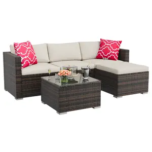 5 Piece Outdoor Patio Furniture Set All Weather PE Rattan Sectional Sofa With Cushions And Tempered Glass Coffee Table Modular Conversation Set For Backyard Porch Garden And Deck