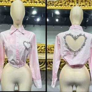 Mauve Rhinestone Heart Cropped Shirt -long sleeve