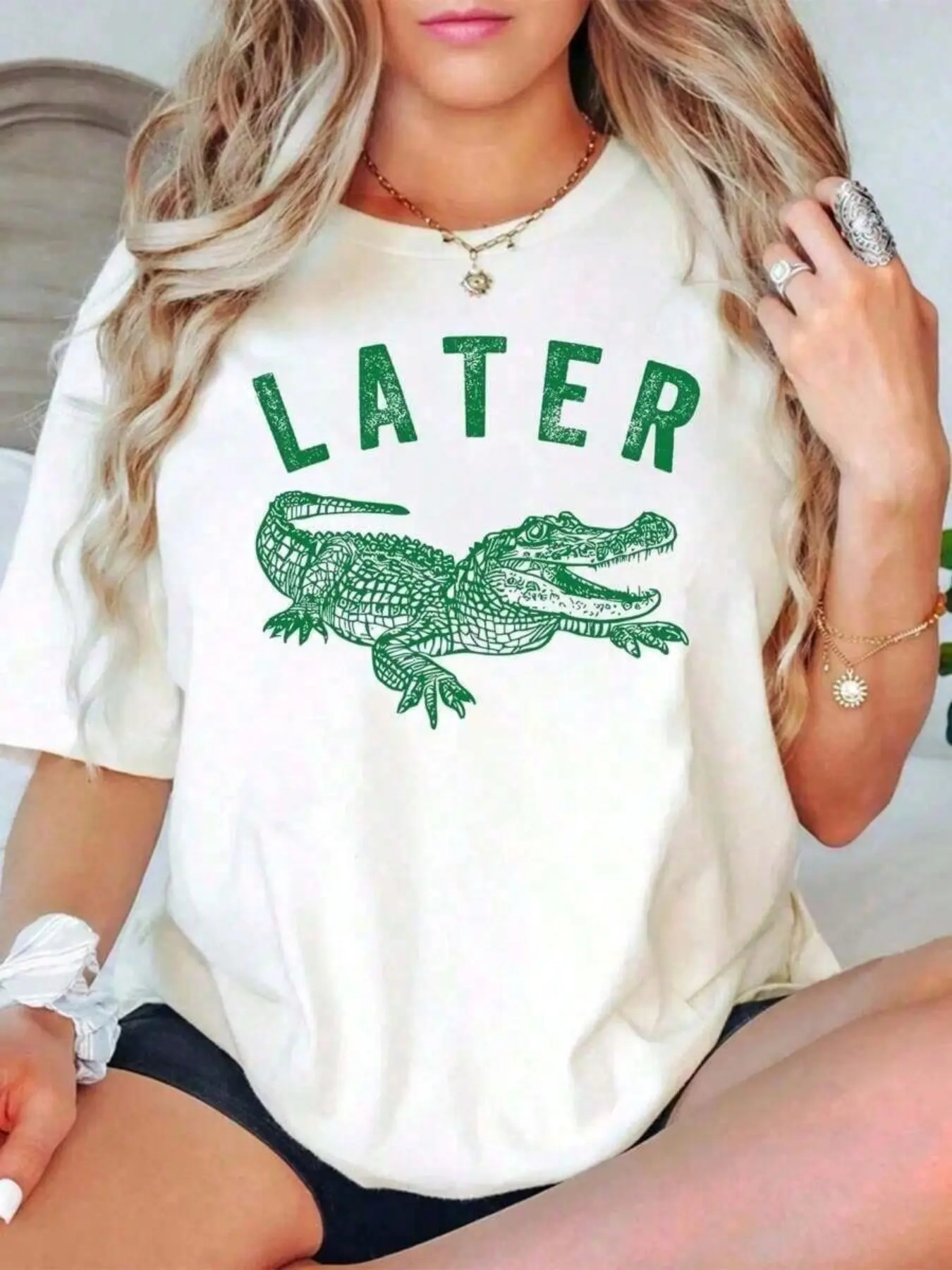 Retro Alligator 'Later' Graphic, Breathable Comfort Loose Oversized Short T-Shirt for Women, Casual Comfy Clothes, Florida Vibes for Summer Beach & Daily Outfit
