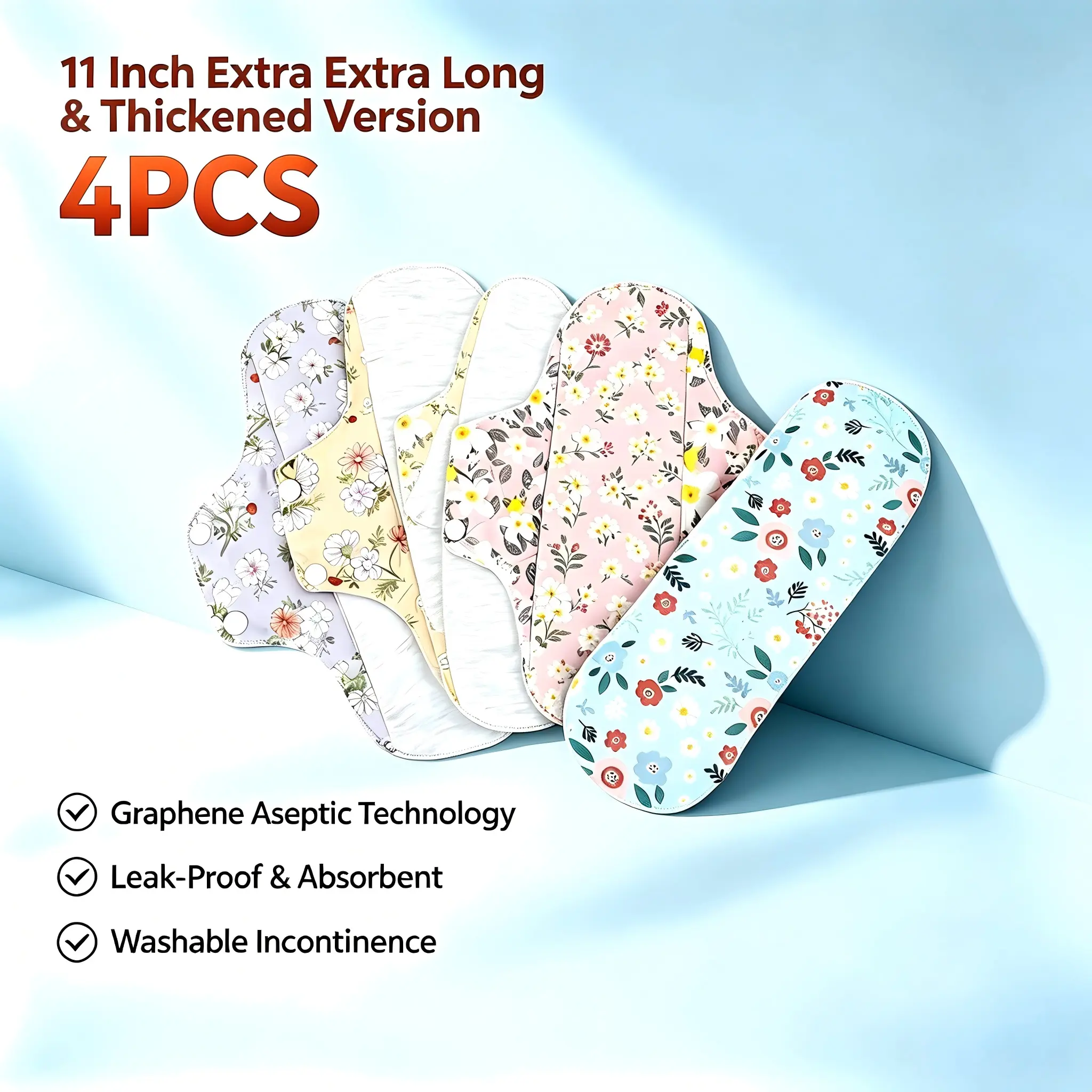 4/12 Pack Women's Extra Long 11 Inch Thickened Graphene Graphene Cloth Liners for Bladder Leaks & Period Protection, Washable for Daily Use & Travel, Heavy Flow Absorbency, Moisture, Light, Pantyliners, Feminine Intimate Care, Cloth Pad