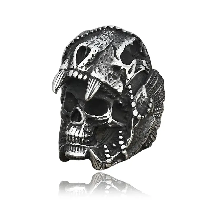 GTHIC Aztec Jaguar Warrior Eco-Material Stainless Steel Skull Ring for Men, Goth Men's Accessories, Unique Gifts (Sizes 7-13)