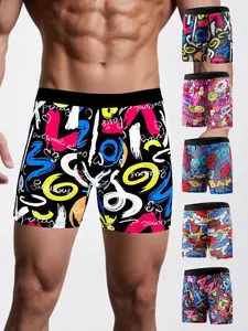 Men's Fashion Long Briefs Set of 5, Breathable Thin Comfortable Graffiti Quick-Dry Street Style Underwear, Casual Fitted All Seasons, Breathable Boxer Briefs, Streetwear Underwear