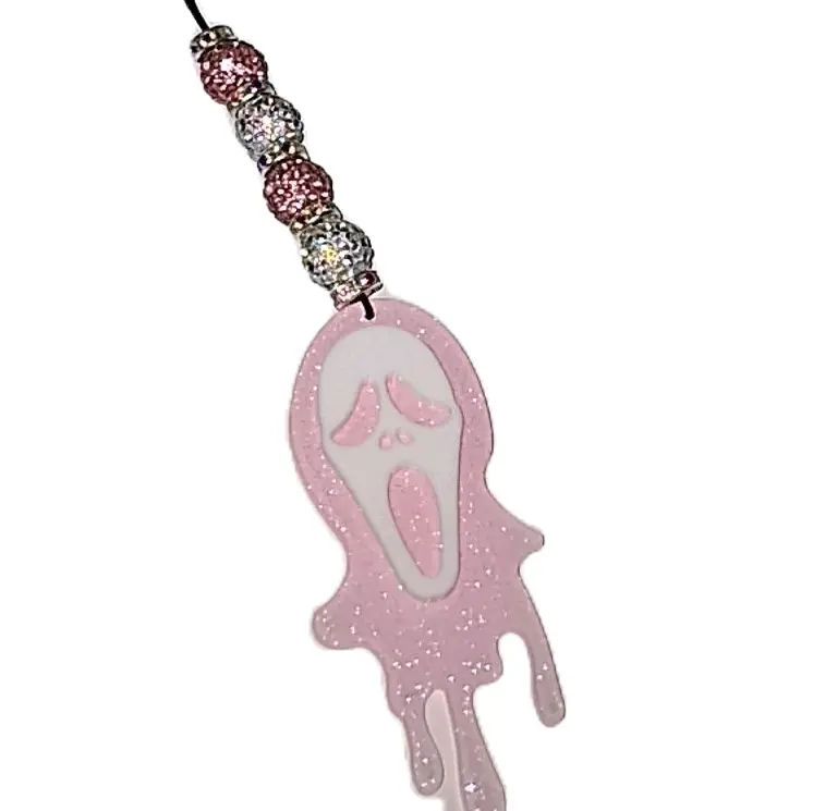 Pink Ghostface , Scream , Bling Rearview Mirror Hanging Accessory , Car Accessories, Car Mirror Decor Decoration, Magnetic Clip