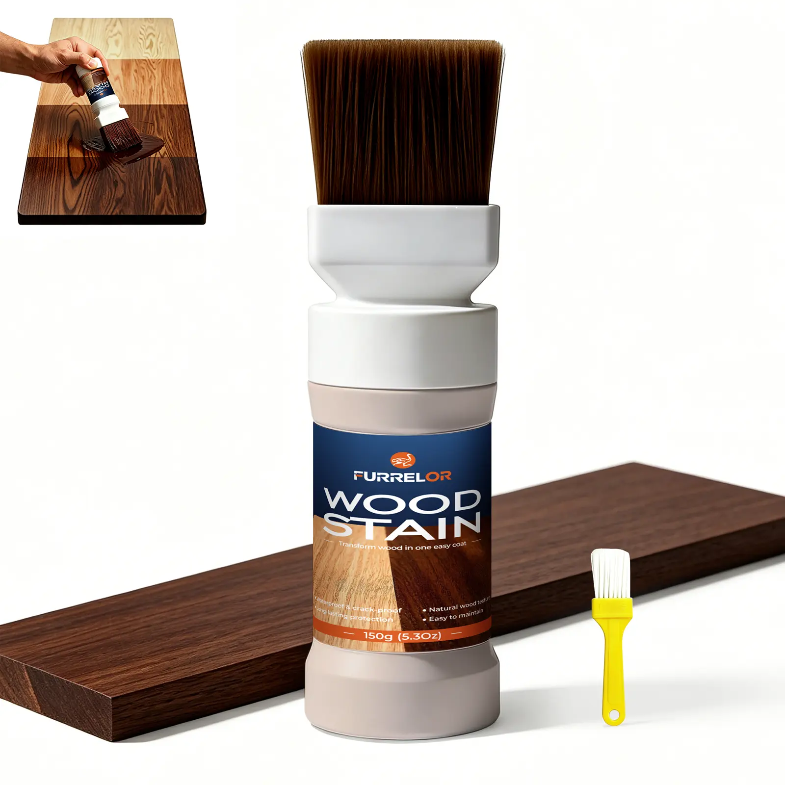 FURRELOR Water-Based Wood Stain and Sealer in One (5.3 Oz, Built-in Brush) - Both Safe, Primer-Infused, UV Protection, Teak/Pineapple Grid/Black Walnut Wood Grain Finish, Fast Drying for Furniture, Kitchen Cabinets, Decks, 5.3Oz