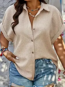 Plus Size Women's Plaid Woven Button Front Shirt Collar Short Sleeve Collared Top, Casual Loose Fit Blouse for Spring & Fall Fashion Womenswear