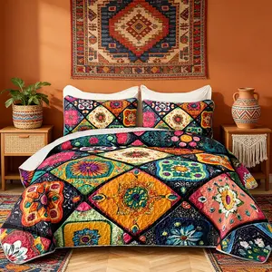 Bohemia Style King Size Set for Adults,Different Colorful Boho Pattern Lightweight,Soft Patchwork Boho Floral Bedding for Bedroom with 2 Pillowcases.