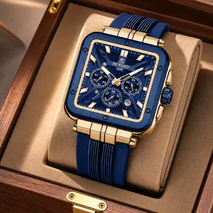Men’s square chronograph wristwatch, blue dial with golden accents, three sub-dials, multifunction design, golden components, blue silicone strap, calendar window, water-resistant luminous quartz sports watch — model 833569