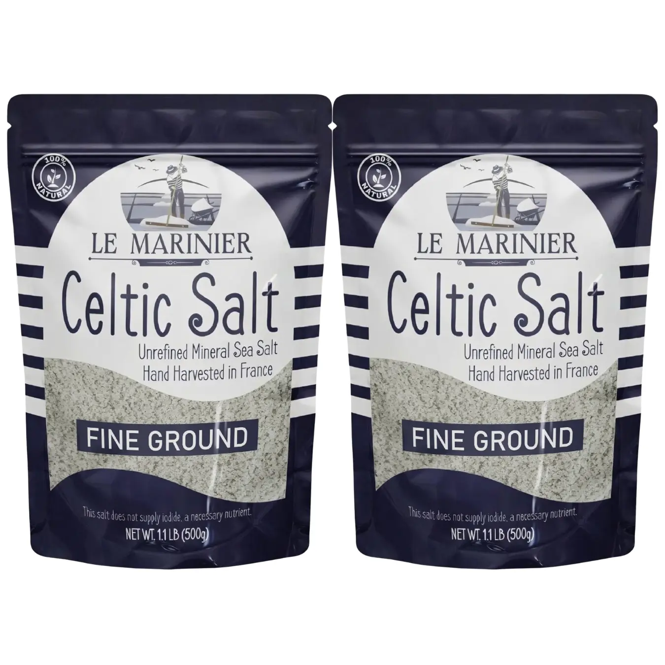 Le Marinier Celtic Salt Organic Fine Ground, 1.1lb - 18oz, Pack of 2. Mineral Rich Unrefined 100% Natural, Hand Harvested Mineral French Sea Salt (1.1lb Fine Ground - Pack of 2)