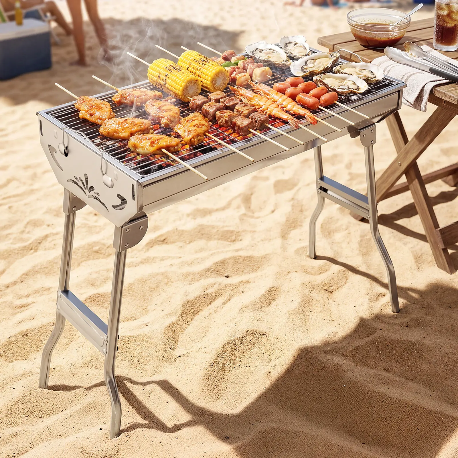 Upgraded Portable Charcoal Grill, Foldable BBQ Grill with Side Table & Seasoning Rack, Durable Stainless Steel, Large Capacity for 6-8 People, Perfect for Camping, Picnic & Backyard BBQ