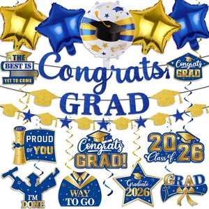 Graduation Decorations 2026, Glitter Congrats Grad Banner, 14pcs Class of 2026 Hanging Swirls, 5pcs Foil Balloons, Blue and Gold, Graduation Party Decorations