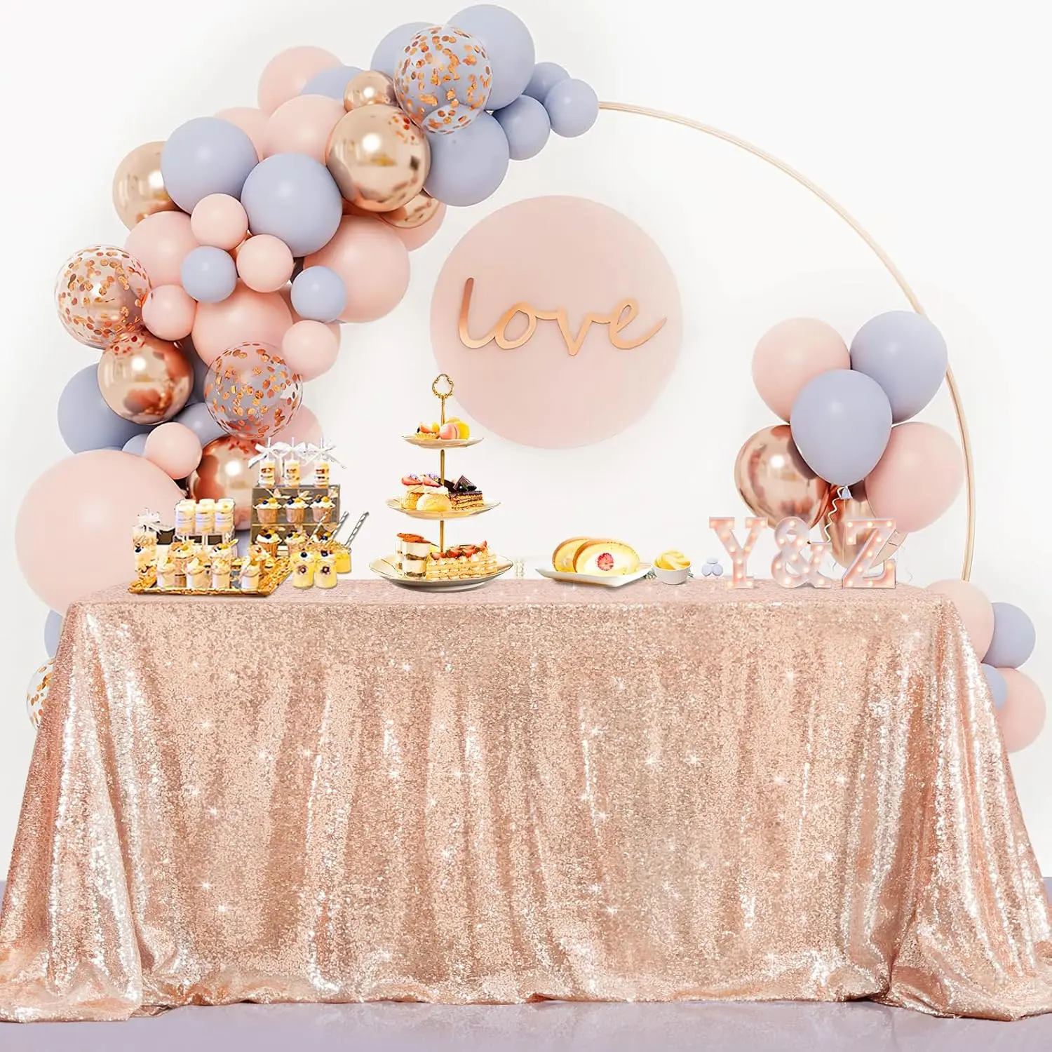 2Pcs Reusable Sparkling Polyester Rosegold Sequin Overlay Table Covers - 50x80in Mesh Tablecloths, Glam Drape Party Decoration Supplies for Wedding, Anniversary (Fits Round/Rectangle Tables)