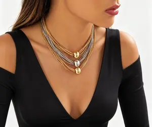 Multi-Strand Layered Jewelry Set - Gold Two-Tone Statement Necklace & Bracelet with Tassel & Bead Detail, Elegant Adjustable Chain for Women