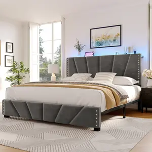 Upholstered Bed Frame for King Queen Fullwith LED & USB Ports,No Mattress, Modern Luxury Platform Bed Frame with Headboard and Storage Shelf, No Noise, Holds 800lbs, Wood Slats & Metal Frame, Gray, Beige