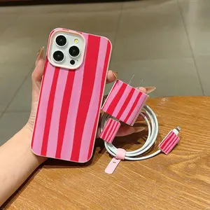 5-Piece Set with Textured Striped Design, Includes Charger Case, 2 Data Cable Sleeves, and Silicone Cable Tie for iPhone 11-16 Series