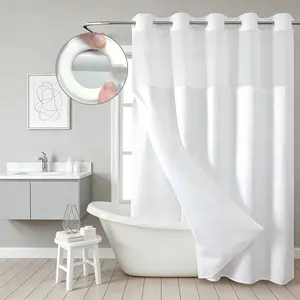 Hookless Polyester Textured Shower Curtain with Quick-Snap Attachments – Fabric Liner Set. Hotel luxury style bathroom curtain with clear top window — waterproof, machine washable, and odor-free.