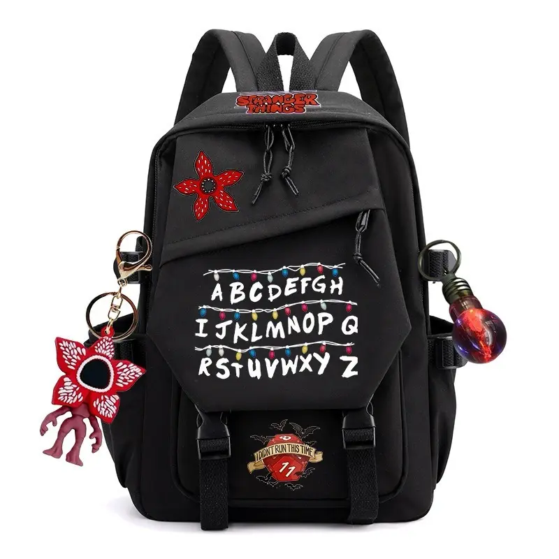 Men's Stranger Things Diagonal Flap Backpack with Flower Pendant, Large-Capacity Waterproof Oxford School Rucksack Luggage Bag