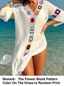 Women's Fashion Patchwork Floral Beach Dress, Casual Loose-Fit Woven Fabric, All-Season Sun Protection Swimsuit Coverup
