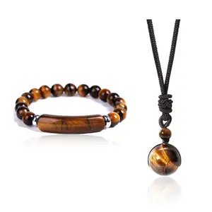 Men Set of 2 Natural Tiger Eye Necklace Bracelet Adjustable Braided Rope Natural Stone Pendant Natural Stone Bracelet For Men Valentine's Day Birthday Gift