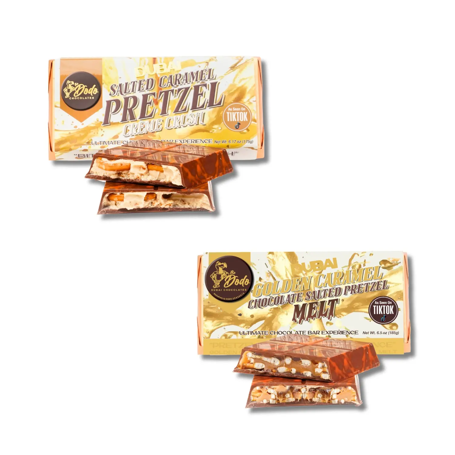 Viral  Dubai Style Salted Caramel Creme Crush & Golden Caramel Milk Chocolate Pretzel Melt Bundle - Limited Edition Sweet & Salty Snack