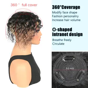 Natural Black Clip-In Hair Topper for Women, Elegant Water Wave Style with Bangs, Pure Real Human Hair, Beautiful Kinky Curly Deep Wave Texture, Firm Secure Fit, Natural Seamless Blending, User-Friendly Easy Application