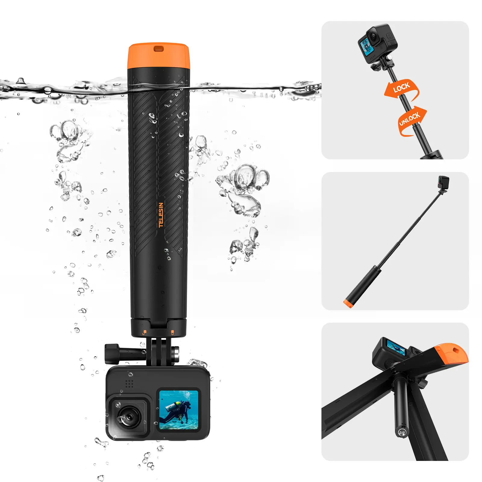 TELESIN 4 in 1 Selfie Stick Floating Hand Grip Tripod Waterproof Extendable Selfie Monopod for GoPro Hero 13, 12, 11, 10, 9, 8, DJI OSMO Action 6 5 Pro 4 3、Insta360 Ace Pro 2 and Most Action Camera