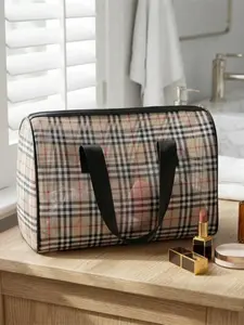 Makeup Bag Grid Travel Organizer PVC Handheld Beach Bag Large Capacity Wash Kit, Cosmetic Pouch, Gingham Pattern, All Seasons Cosmetic Bags, Travel Beauty Bag
