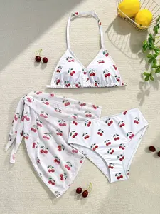 Teen Girls' Cherry Print Bikini With Mesh Beach Skirt, Retro Style Summer Vacation Set