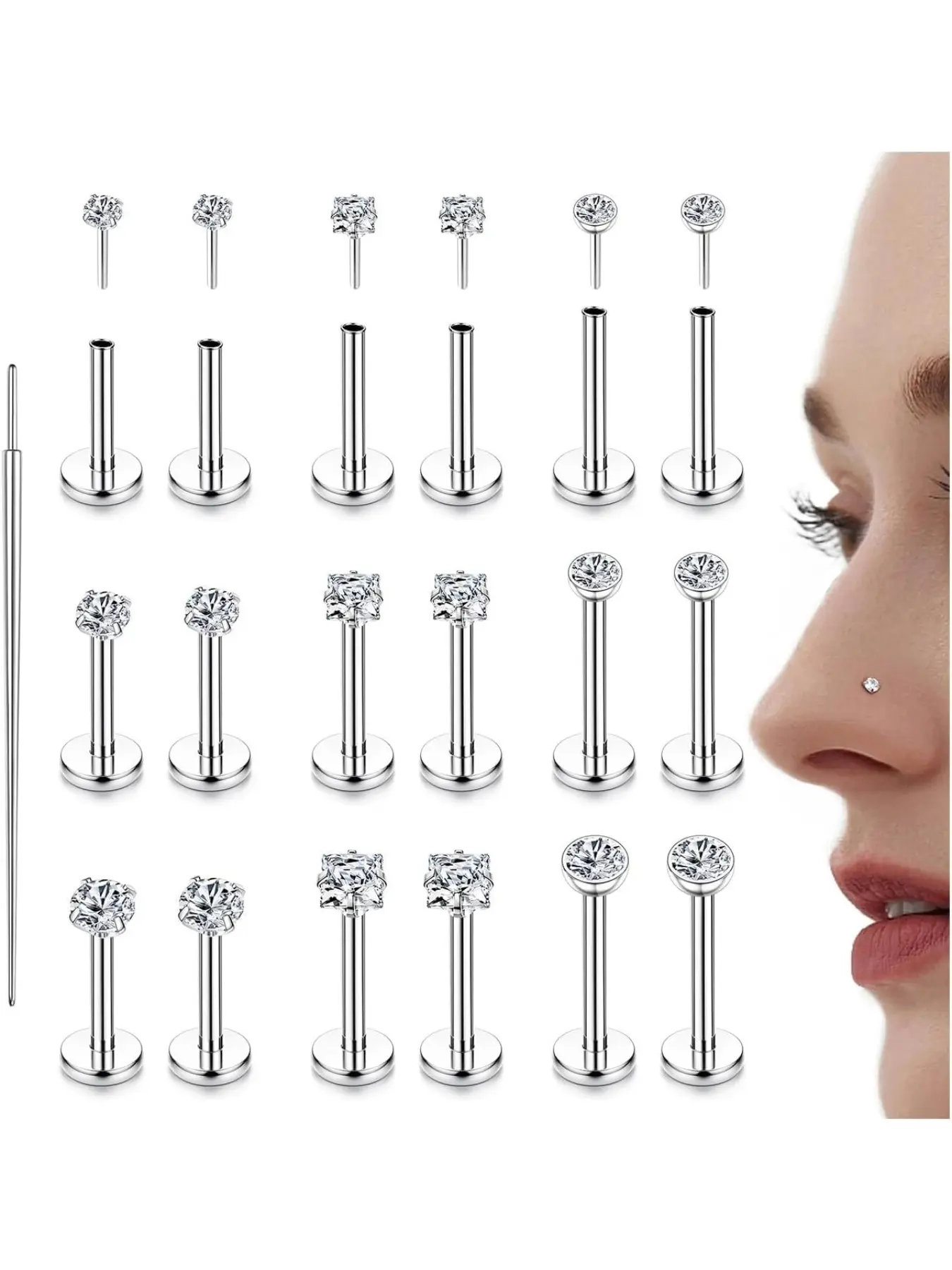 18pcs Stainless Steel Tragus Piercing Jewelry, Threadless Push in Nose Studs, Labret Stud Lip Bar, Plain Design, All Seasons, Fashion Body Jewelry, Body Piercings Set