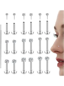 18pcs Stainless Steel Tragus Piercing Jewelry, Threadless Push in Nose Studs, Labret Stud Lip Bar, Plain Design, All Seasons