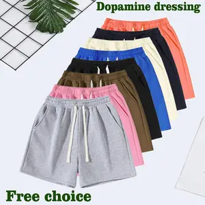 Summer unisex fleece fashion lightweight casual elastic waist drawstring solid color four-part shorts, suitable for autumn and summer vacations, versatile simple shorts for everyday wear, rose print adds stylish charm