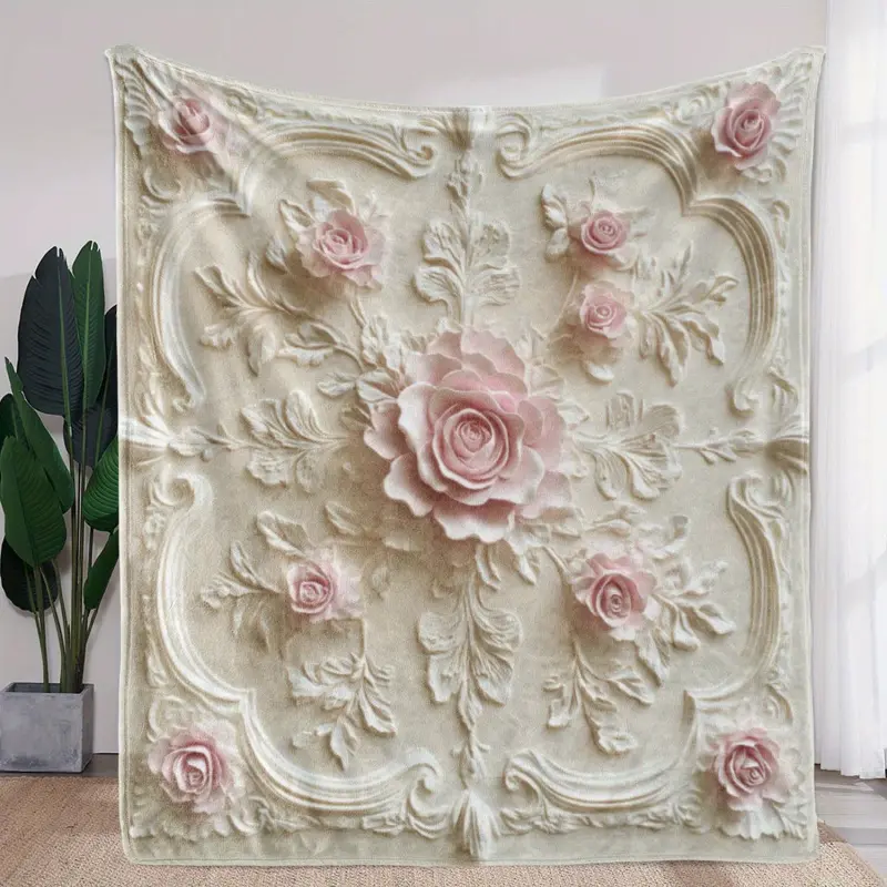 Luxury All-Season Embossed Print Flannel Fabric Blanket - Rose Floral Design, Soft, Comfortable, Suitable For Sofas, Beds - Elegant Pink Roses On White, Ideal Gift Choice