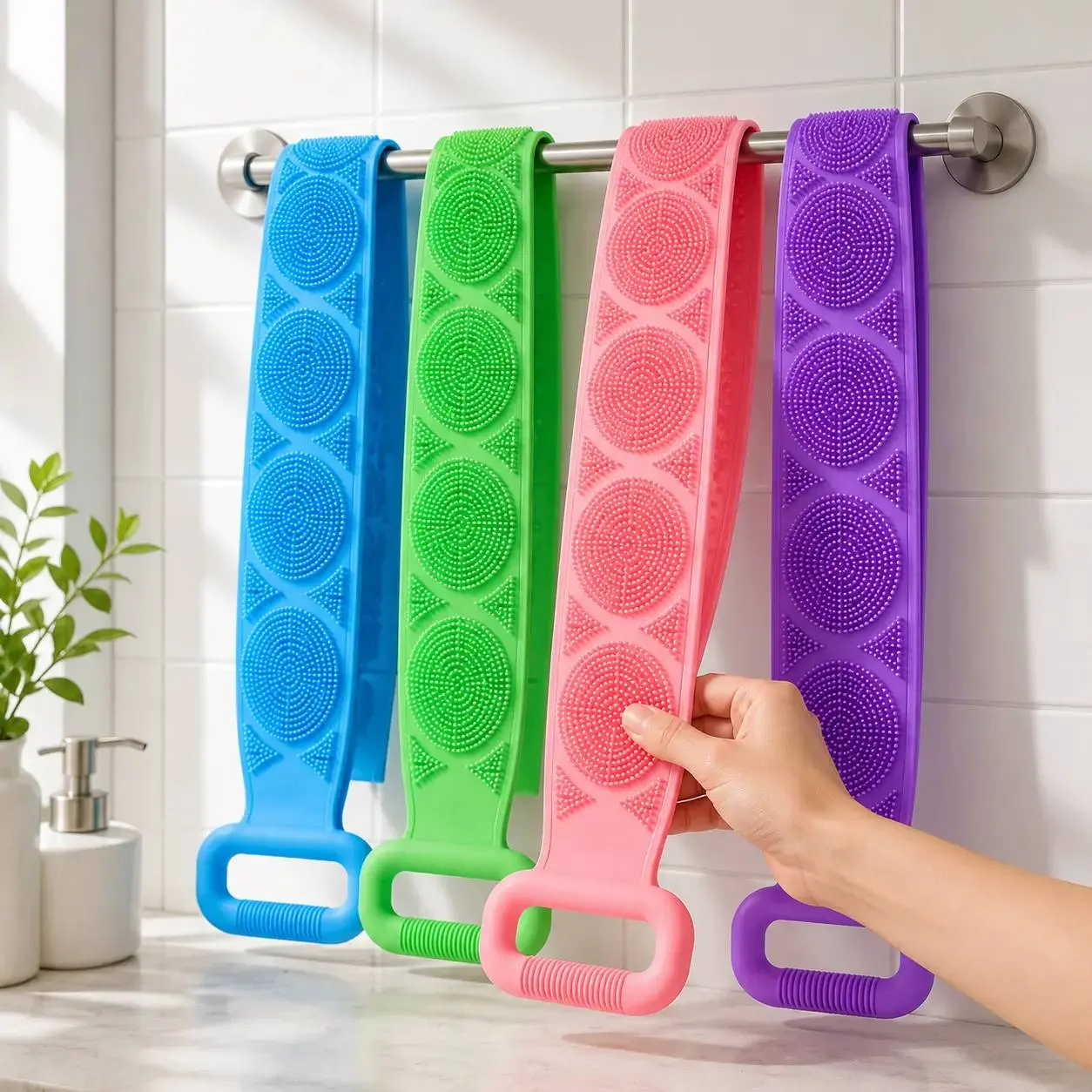 4PCS Silicone Bath Brush, Double-Sided Exfoliating Back Scrubber with Mesh Sponge, Long Body Scrub Strap with Soft Bristles & Handles, Shower Bath Tool for Back, Body Cleaning, At-Home Self Care