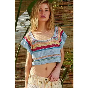 POL Crochet Openwork Bohemian Short Sleeve Crop Top Colorful Granny Knit Shirt Blue